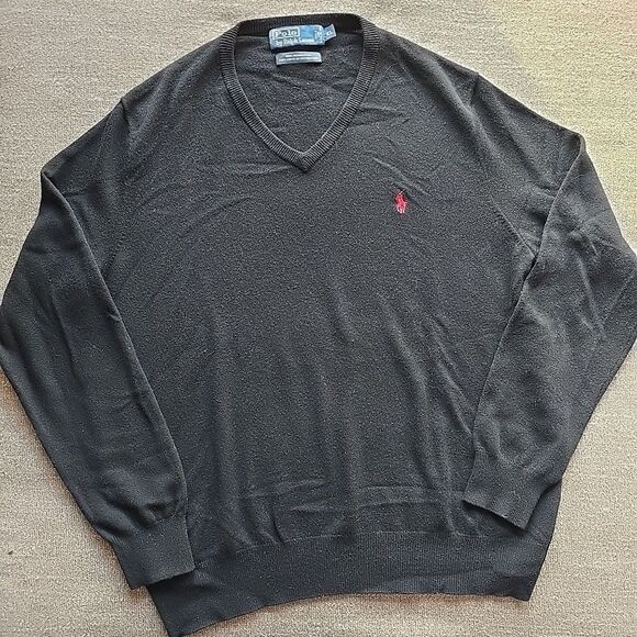 Polo Ralph Lauren 100% Merino Wool V Neck Sweater Men’s XL Black W/Red Pony - Picture 1 of 7